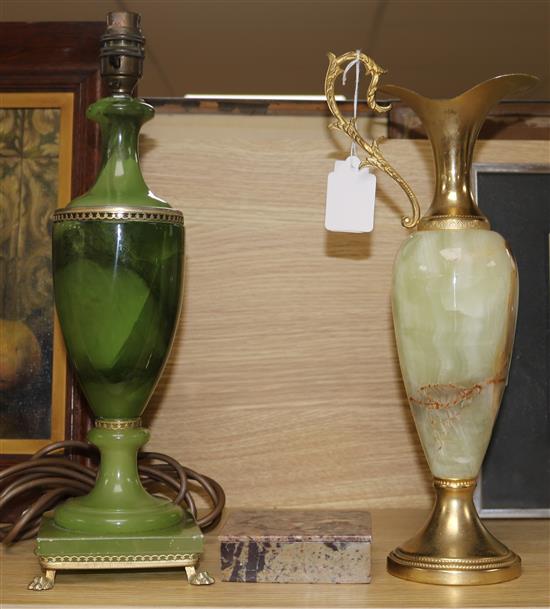 A marble lamp, jug and inlaid box